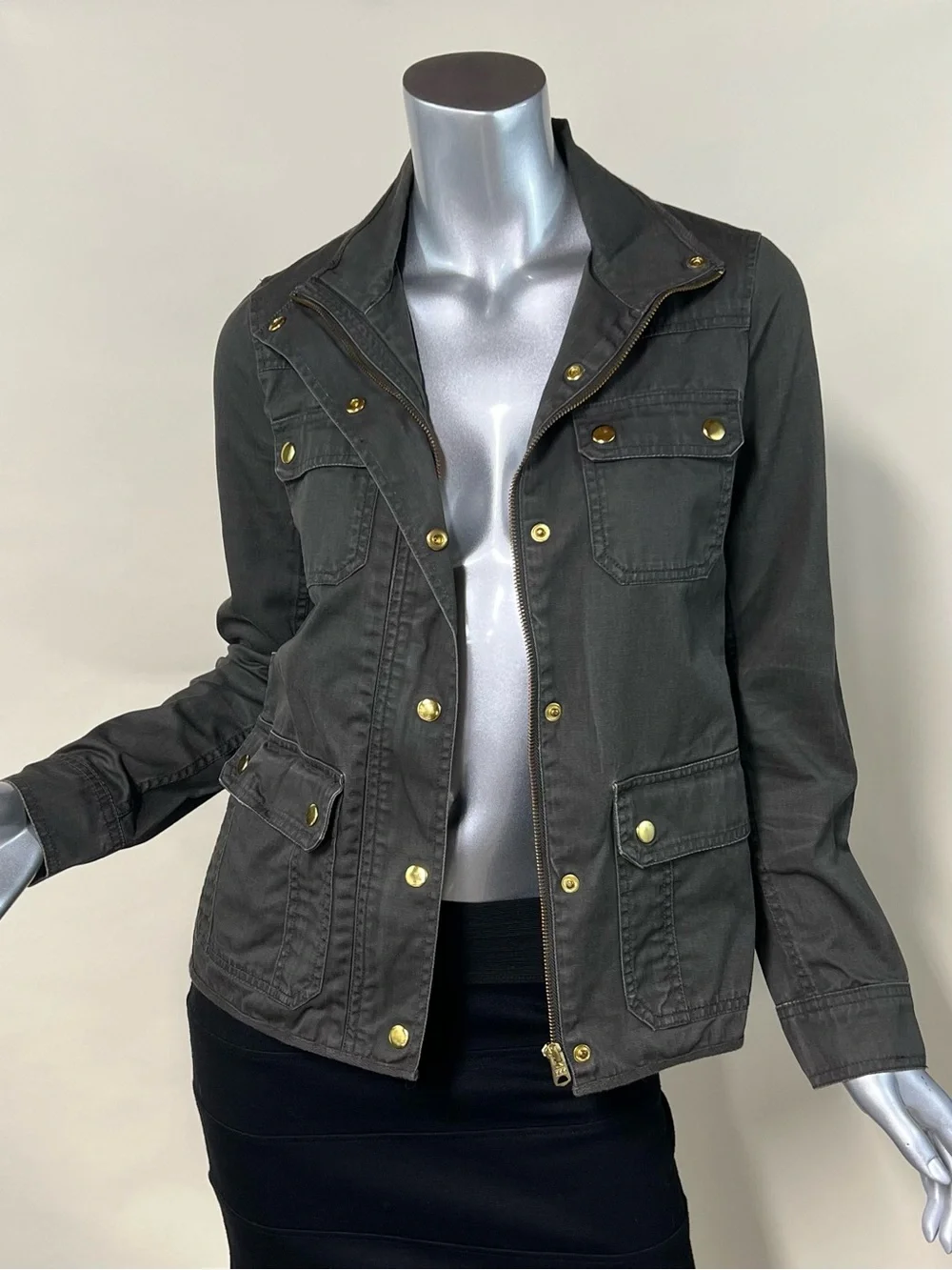 J. Crew Relaxed Fit Boyfriend Field Jacket Green Gray Snap Zip Up Women’s XS